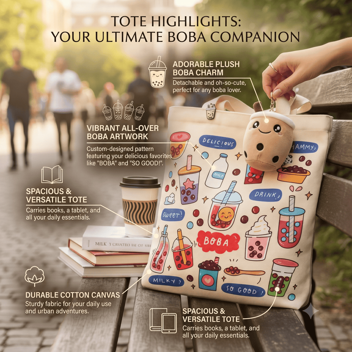 Bubble Tea Tote Bag Gift Set – Boba Bag with Keychain & Pin