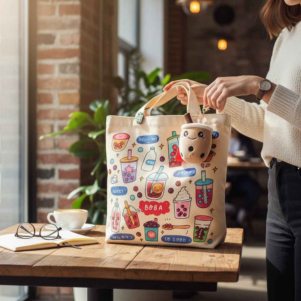 Bubble Tea Tote Bag Gift Set – Boba Bag with Keychain & Pin