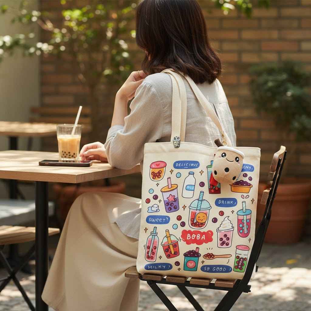 Bubble Tea Tote Bag Gift Set – Boba Bag with Keychain & Pin