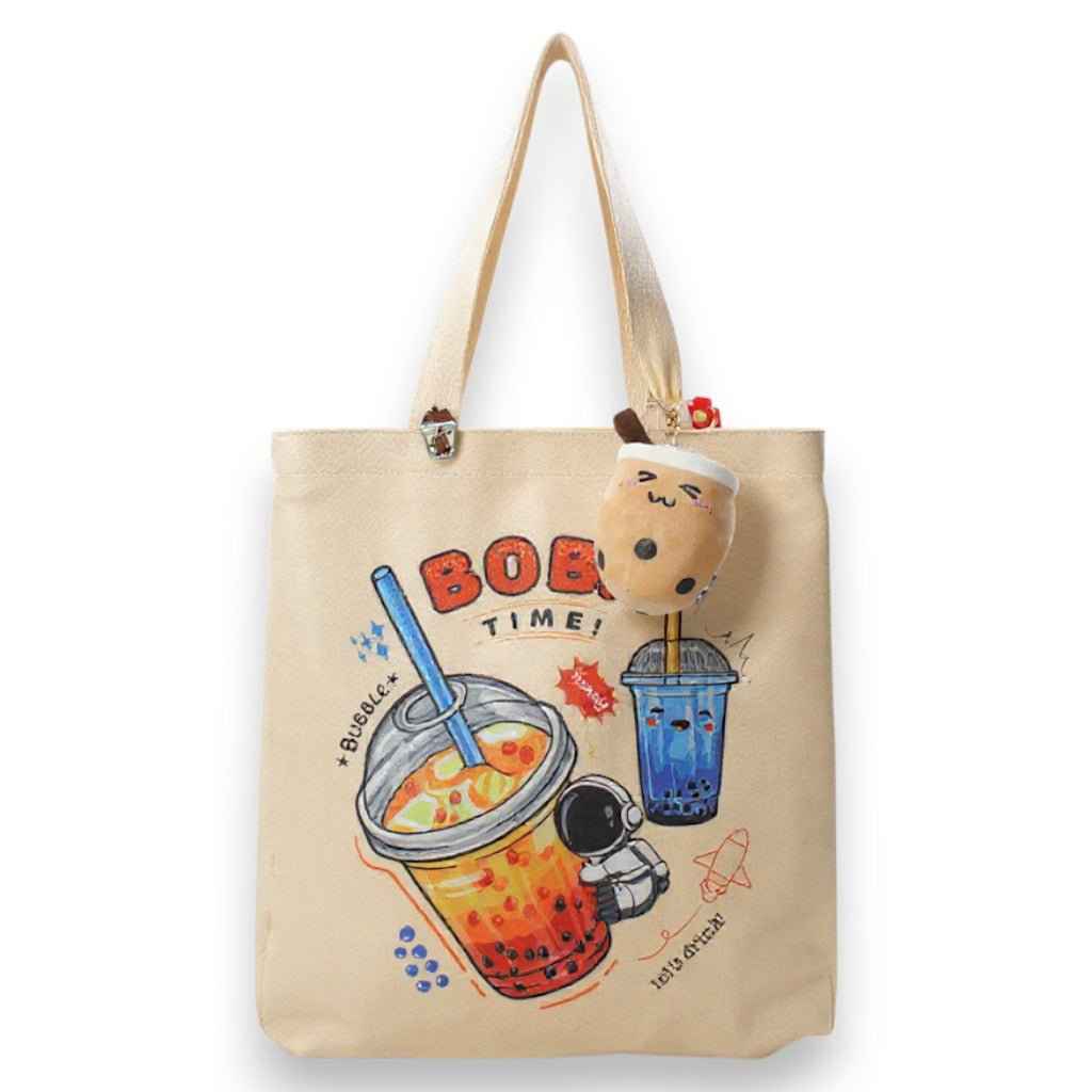 Bubble Tea Tote Bag Gift Set – Boba Bag with Keychain & Pin