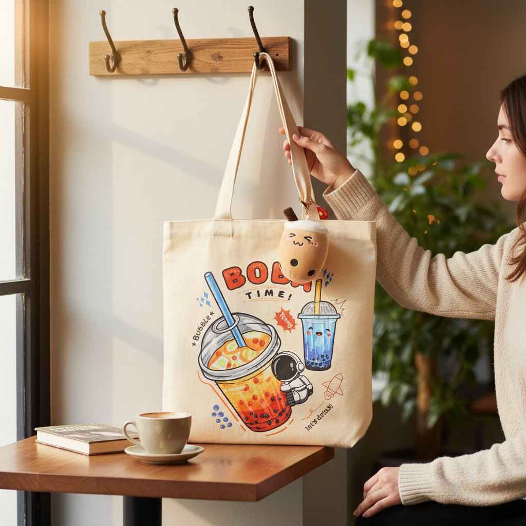 Bubble Tea Tote Bag Gift Set – Boba Bag with Keychain & Pin