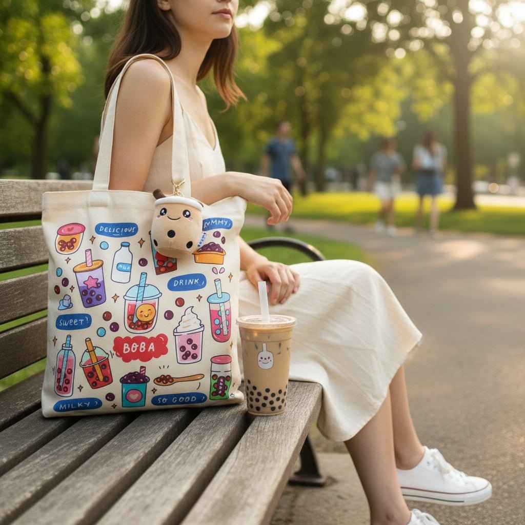 Bubble Tea Tote Bag Gift Set – Boba Bag with Keychain & Pin