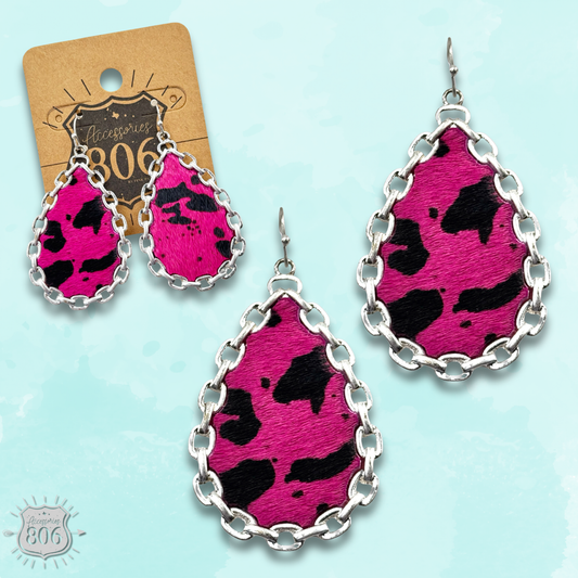 Pink Cow Print Chain Teardrop Earrings