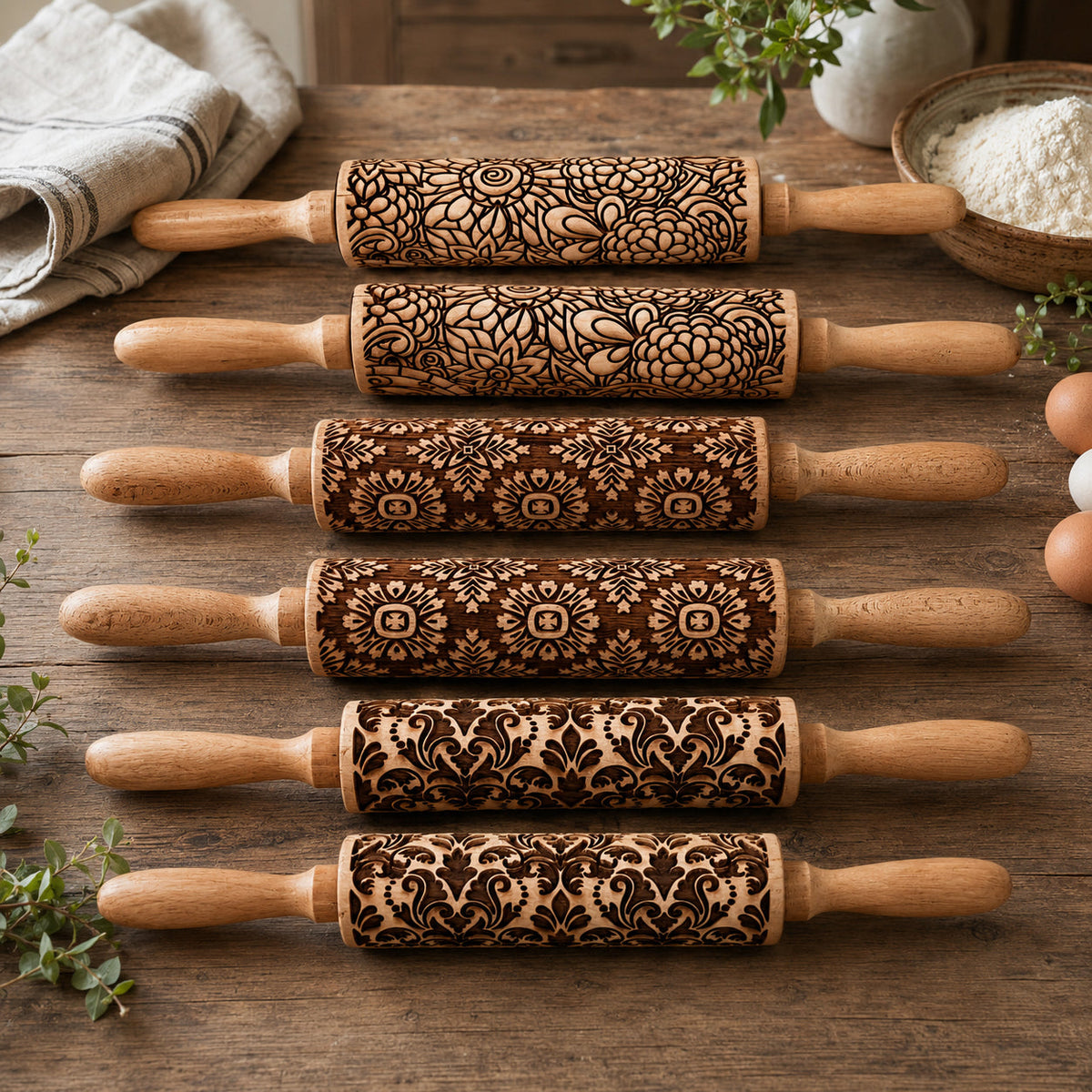 Decorative Embossed Wooden Rolling Pins for Baking