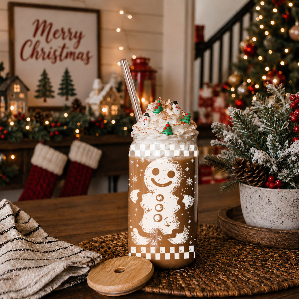 Retro Gingerbread 17 oz Glass Tumbler