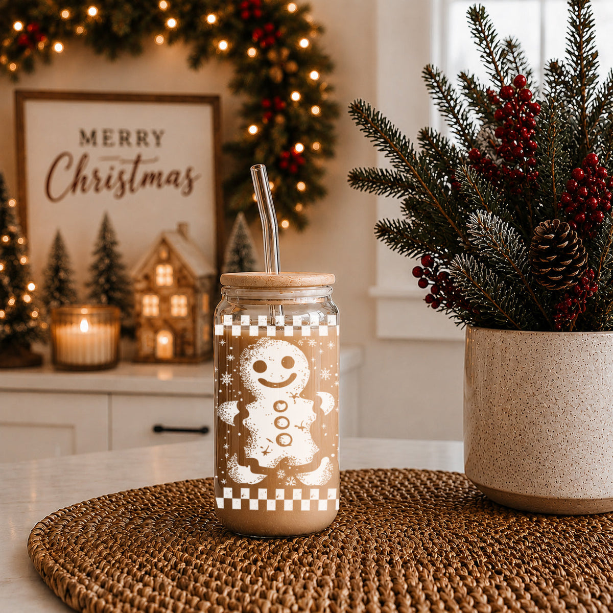 Retro Gingerbread 17 oz Glass Tumbler