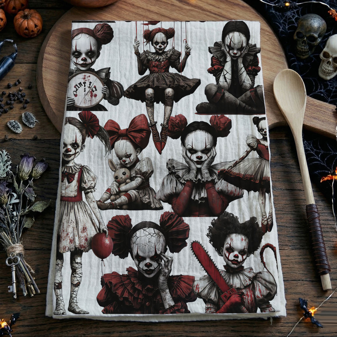 Creepy Clown & Doll Halloween Kitchen Towel