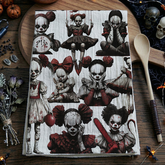 Creepy Clown & Doll Halloween Kitchen Towel