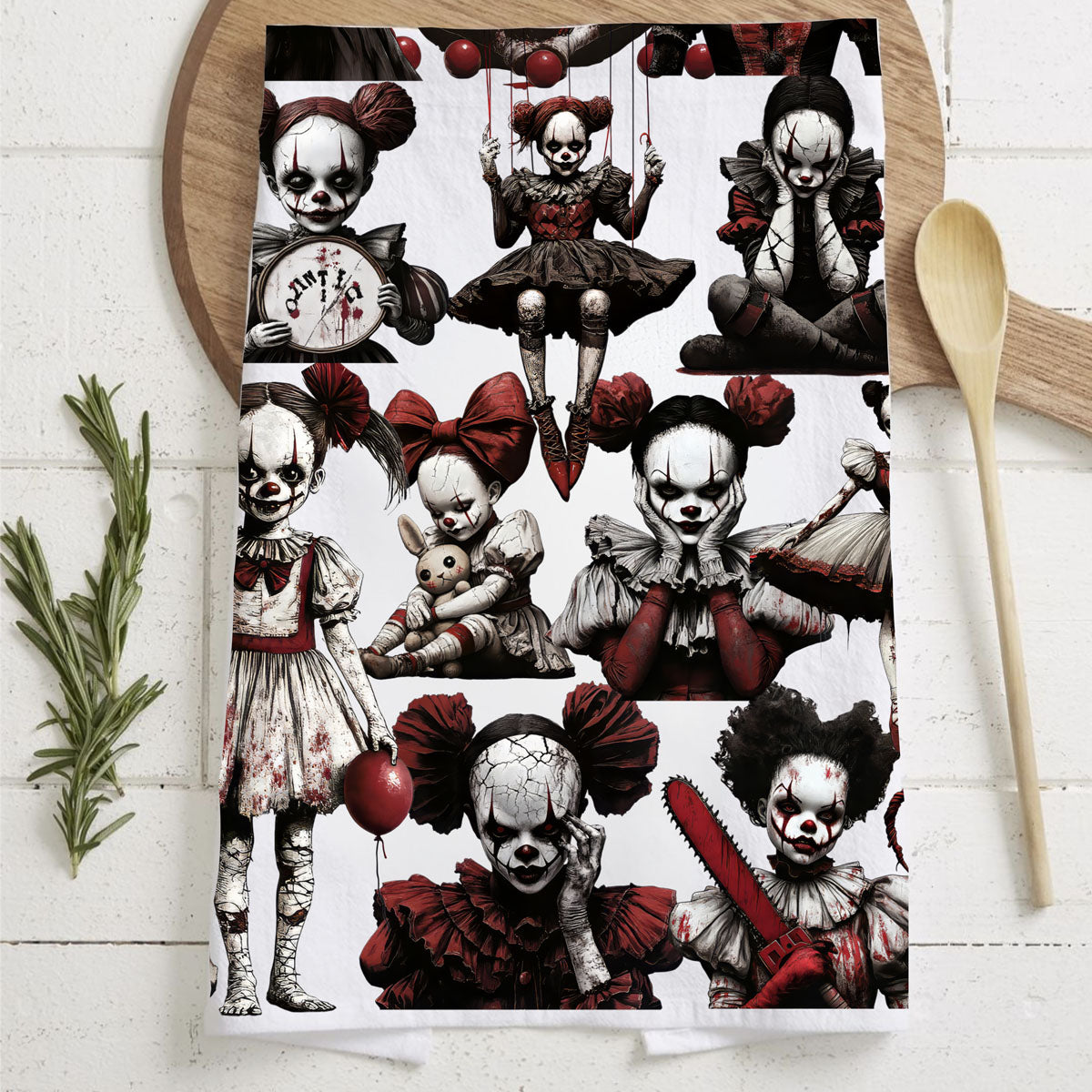 Creepy Clown & Doll Halloween Kitchen Towel