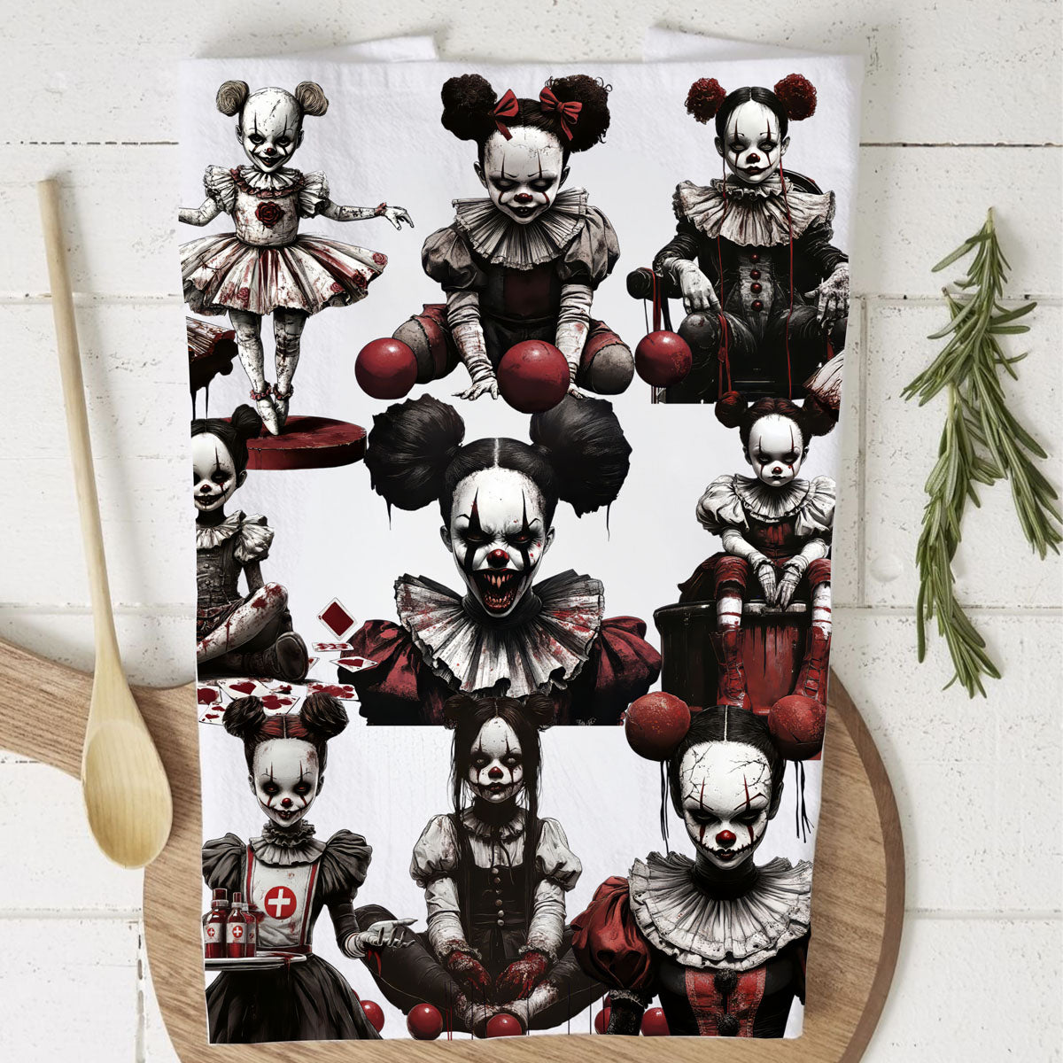 Creepy Clown & Doll Halloween Kitchen Towel