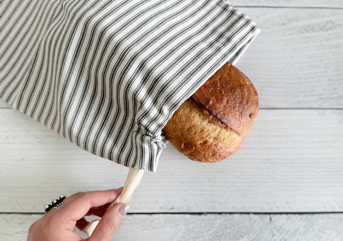 Grey Ticking Stripe Reusable Bread Bags – Set of 2