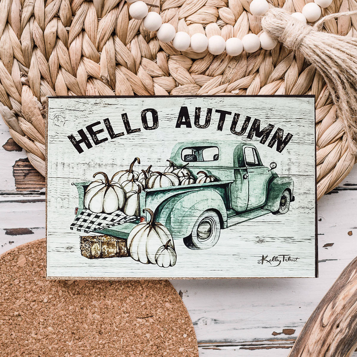 Hello Autumn Vintage Truck Wood Sign