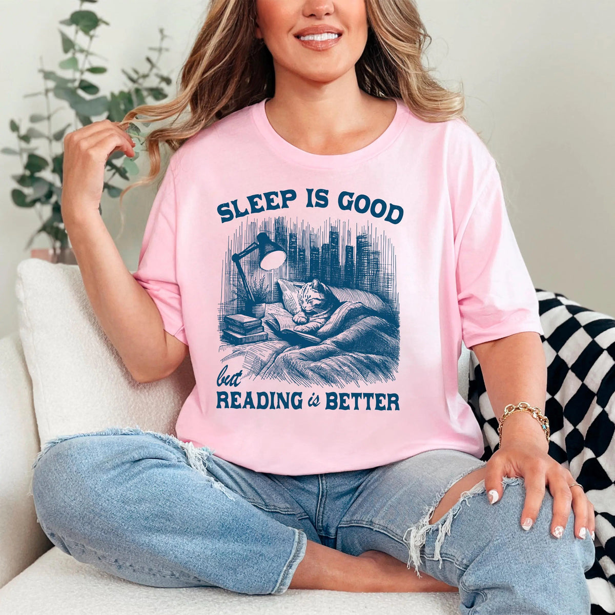 Sleep Is Good, Reading Is Better Cat T-Shirt