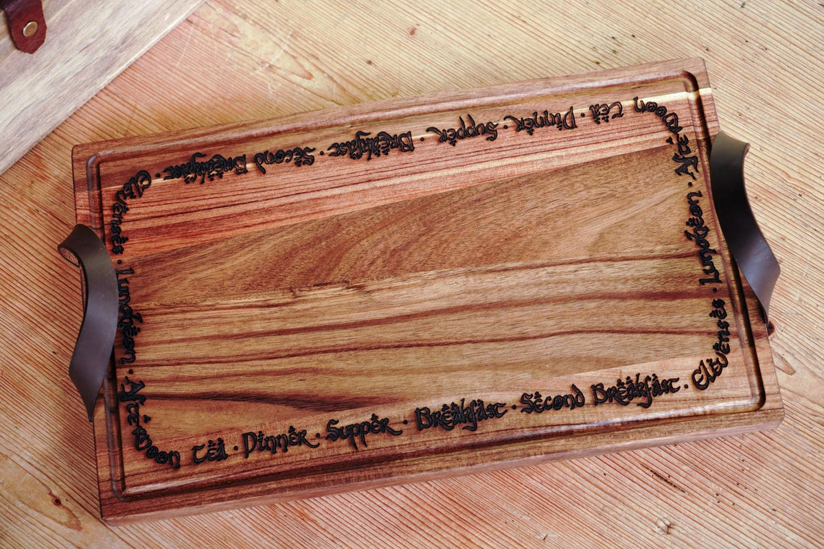 Rustic Hobbit Inspired Leather Handle Serving Charcuterie Plank