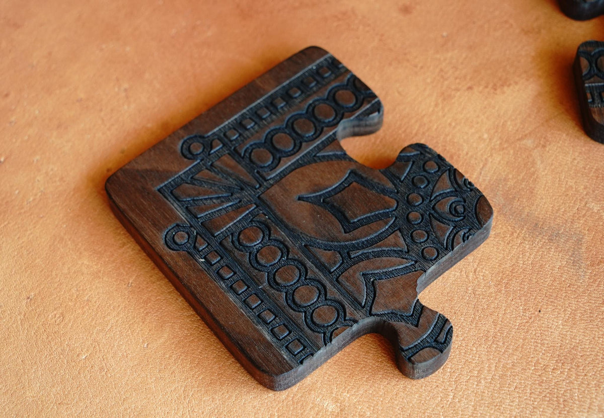 Interlocking Walnut Wood Puzzle Piece Coaster Set Trivet Combo