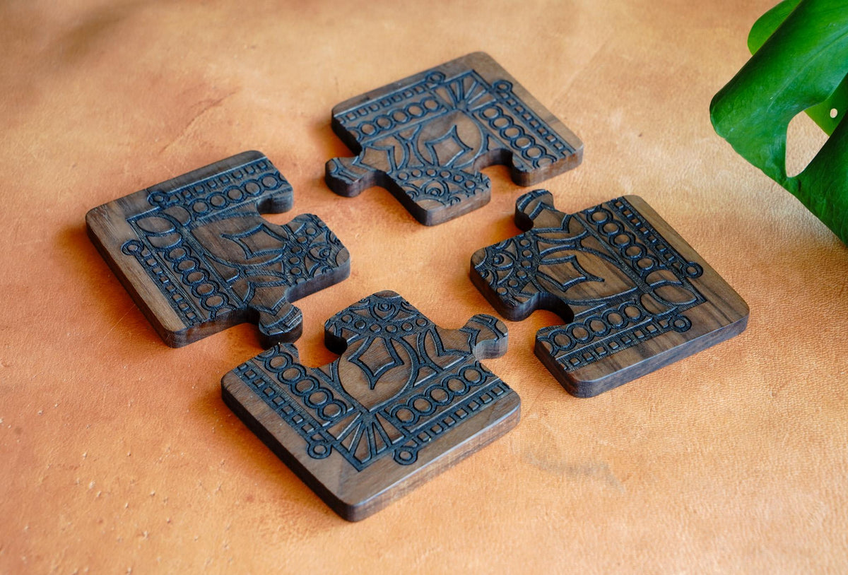 Interlocking Walnut Wood Puzzle Piece Coaster Set Trivet Combo