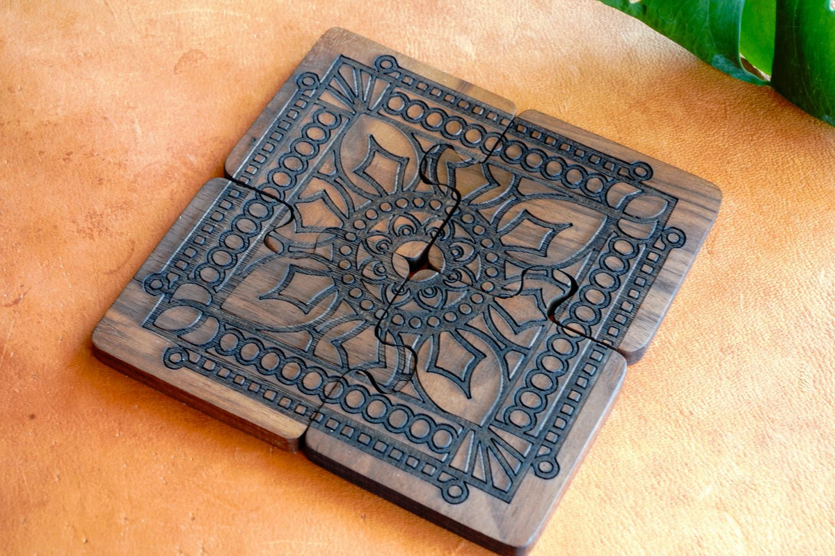 Interlocking Walnut Wood Puzzle Piece Coaster Set Trivet Combo