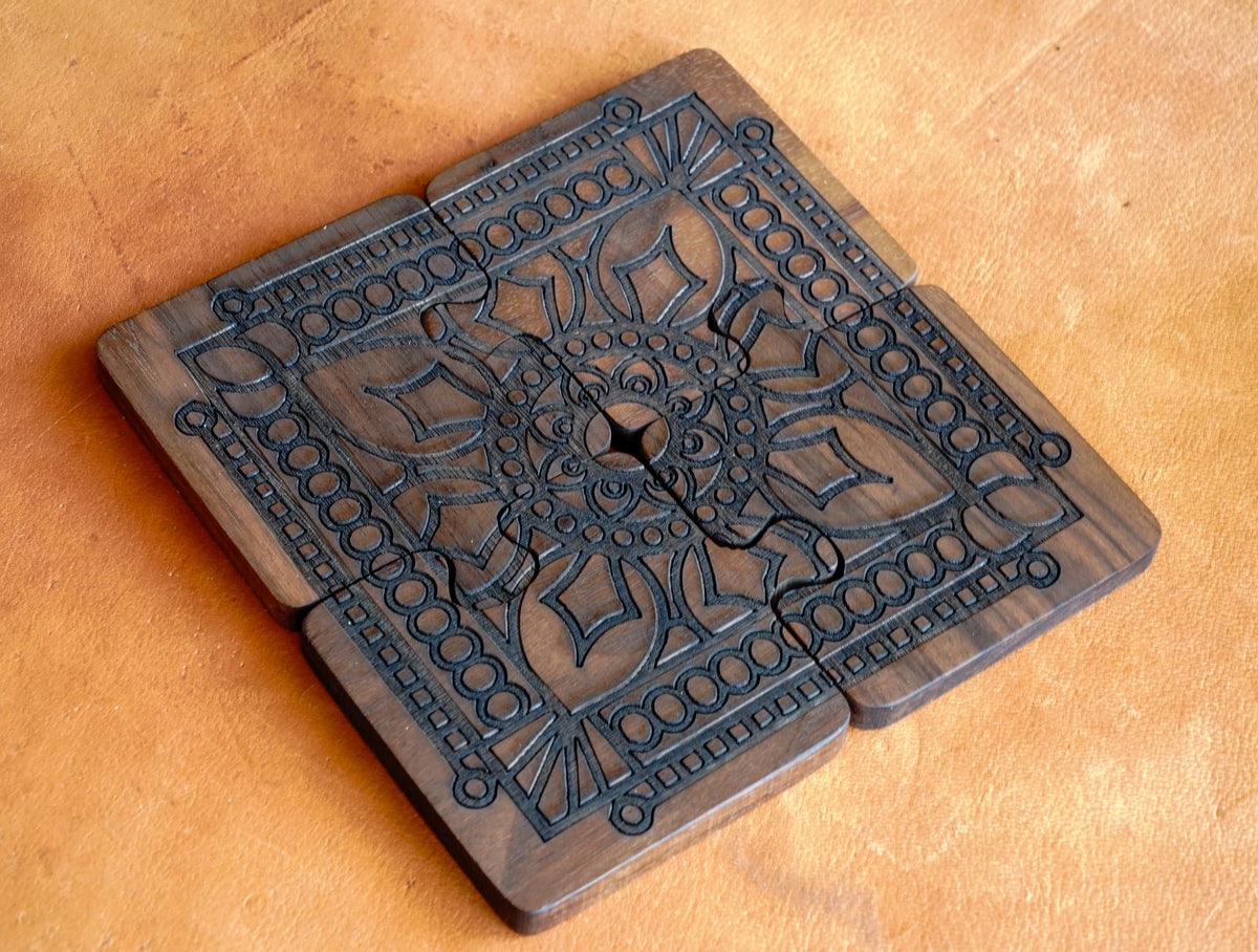 Interlocking Walnut Wood Puzzle Piece Coaster Set Trivet Combo