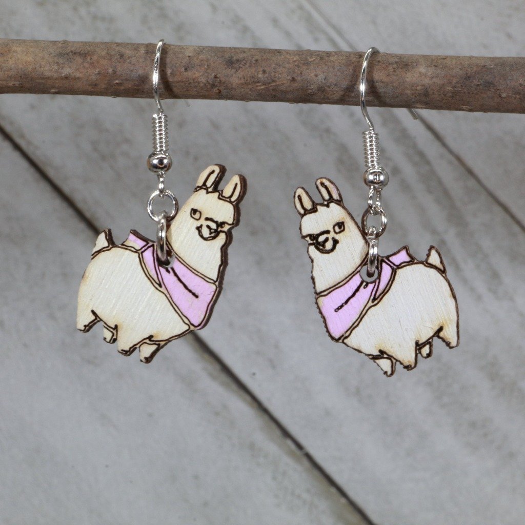 Llama with Scarf Wooden Earrings | Cute Winter Animal Jewelry