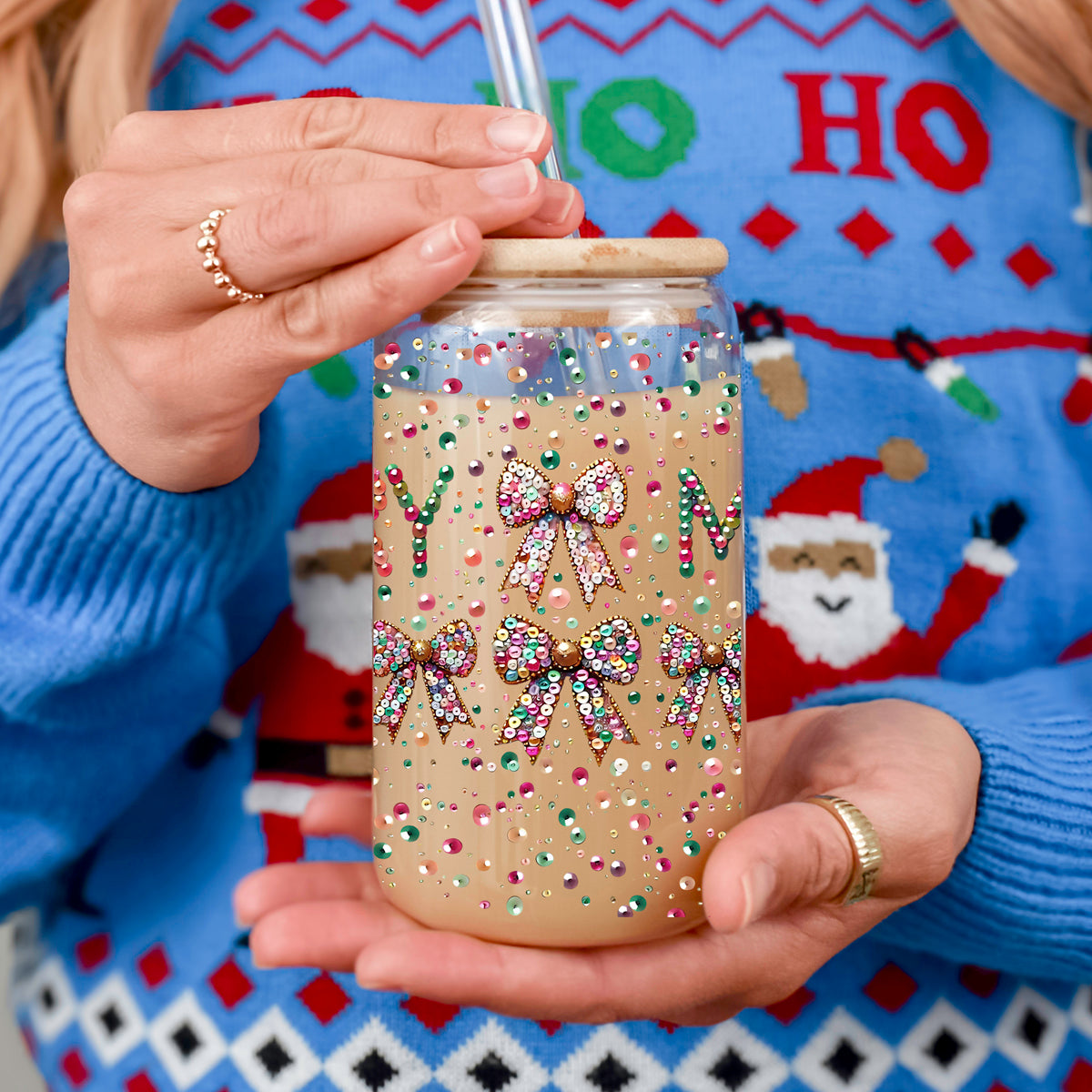 Merry Sequin Bow 17 oz Glass Tumbler