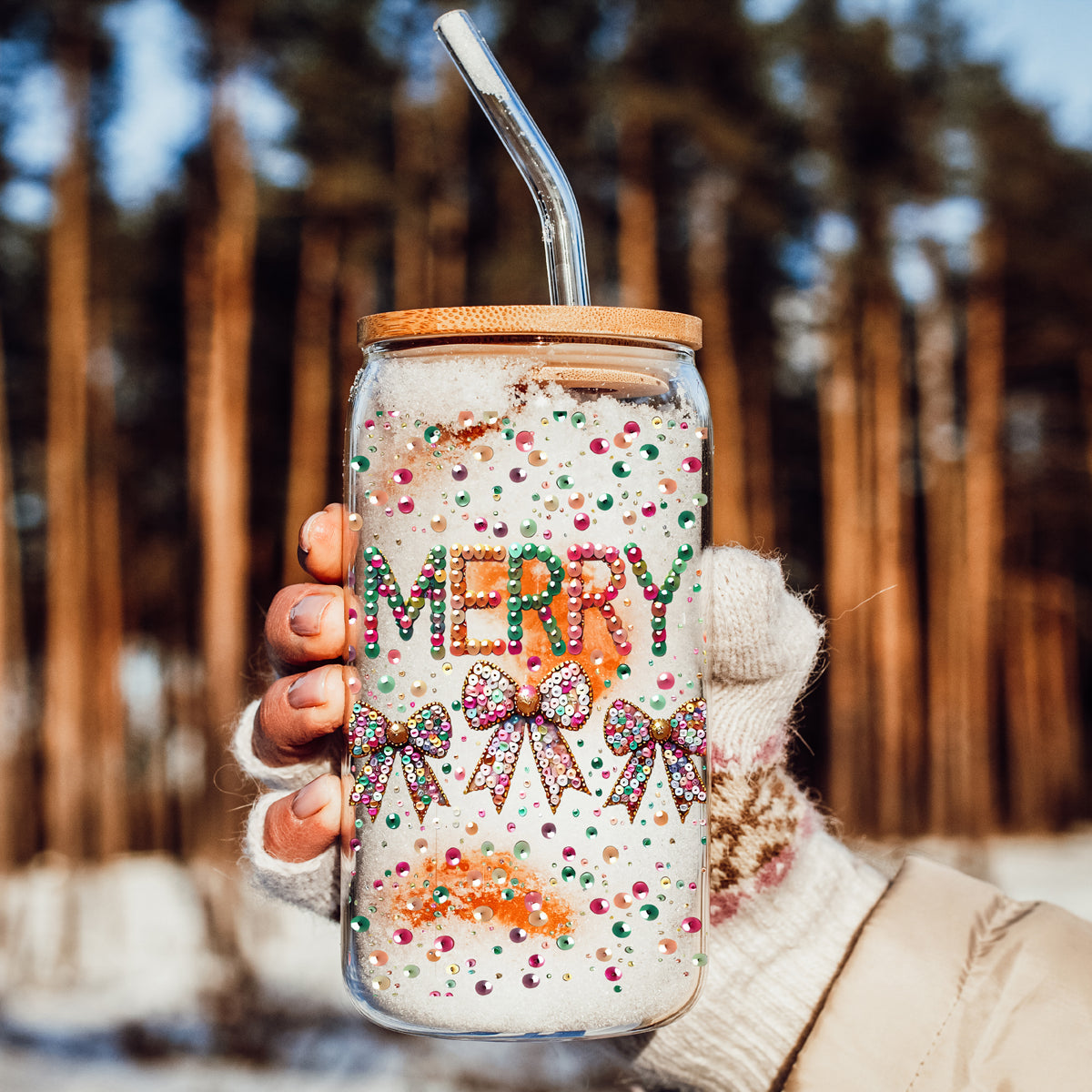 Merry Sequin Bow 17 oz Glass Tumbler