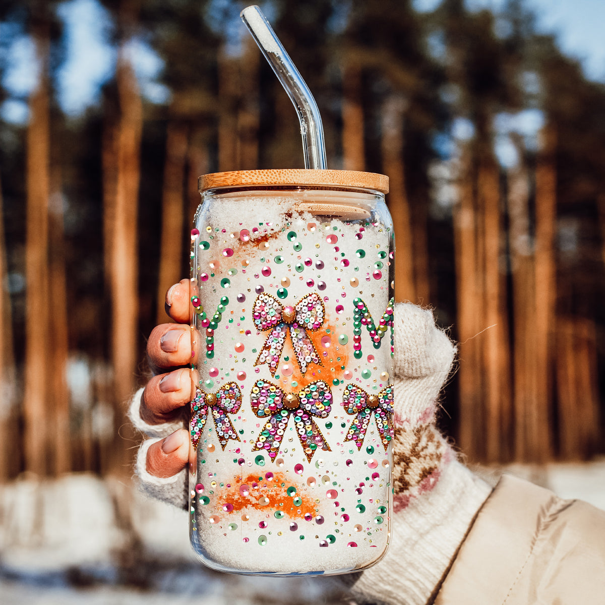 Merry Sequin Bow 17 oz Glass Tumbler