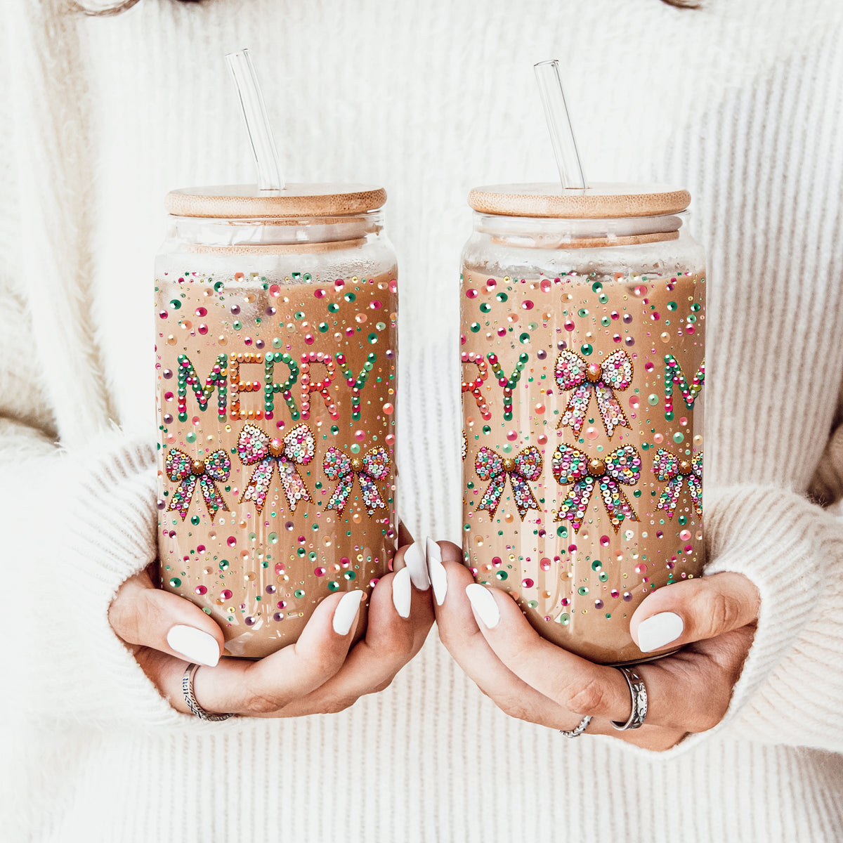 Merry Sequin Bow 17 oz Glass Tumbler