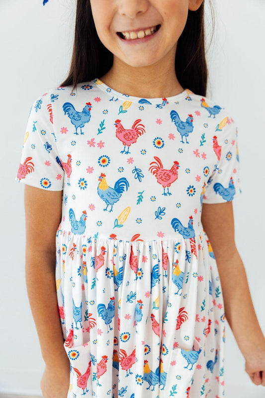 Rainbow Roosters Pocket Twirl Dress