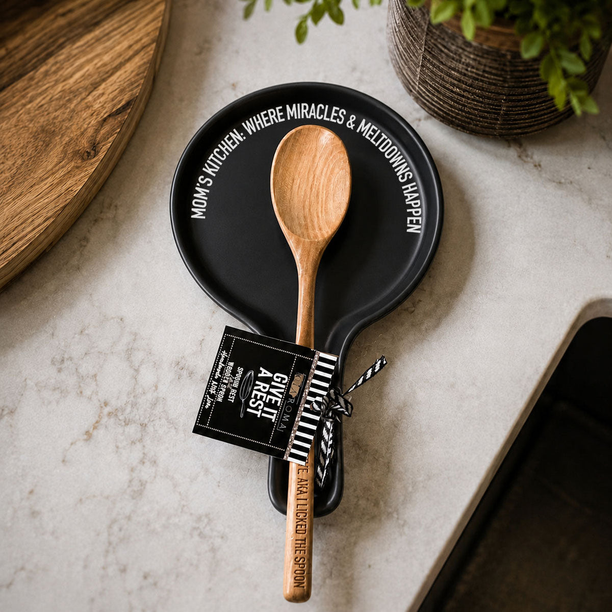 Mom's Kitchen Porcelain Spoon Rest with Optional Wooden Spoon
