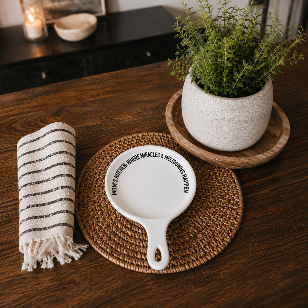 Mom's Kitchen Porcelain Spoon Rest with Optional Wooden Spoon
