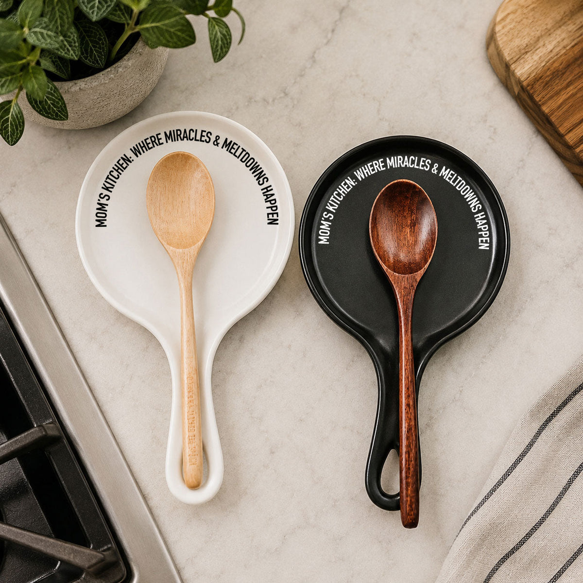 Mom's Kitchen Porcelain Spoon Rest with Optional Wooden Spoon