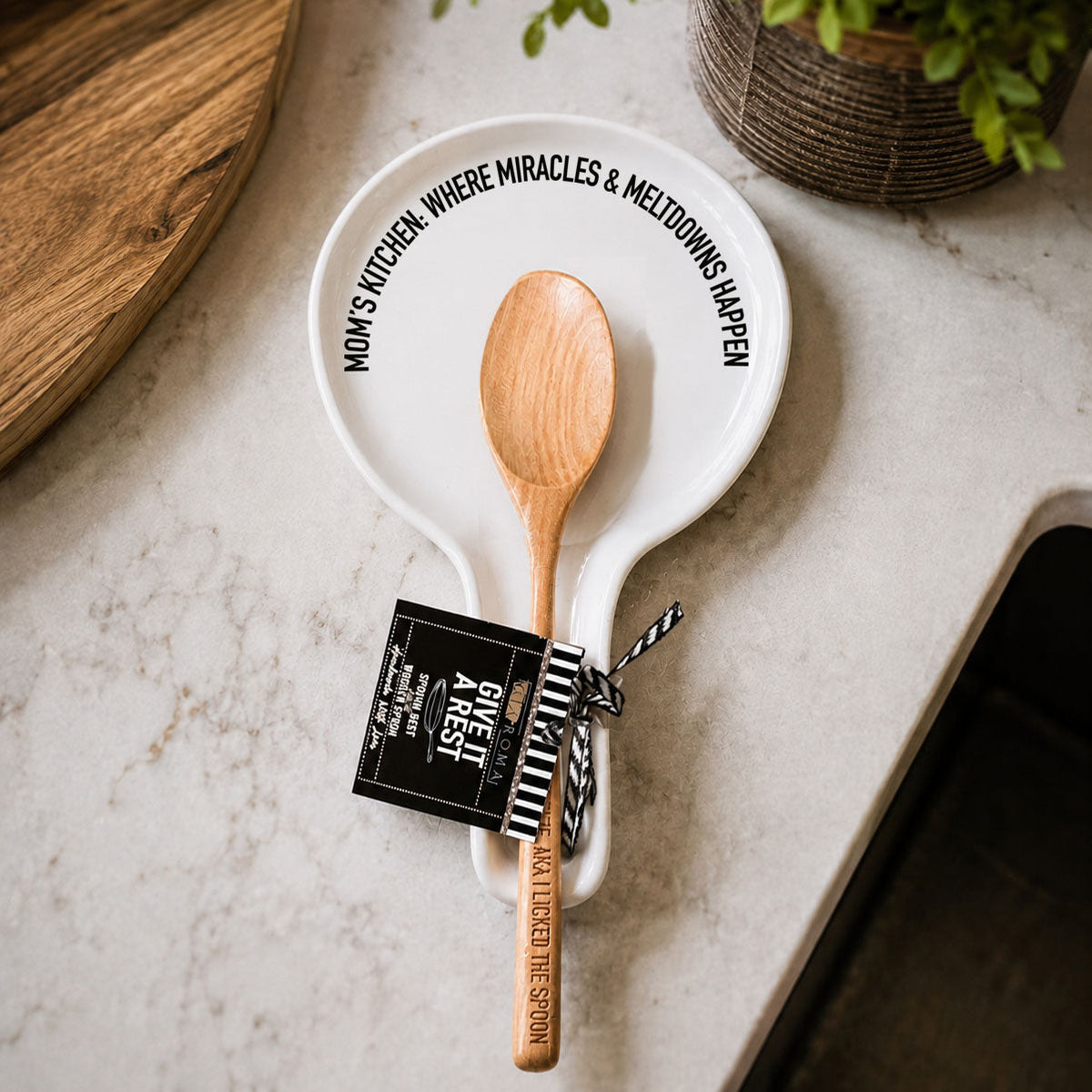 Mom's Kitchen Porcelain Spoon Rest with Optional Wooden Spoon