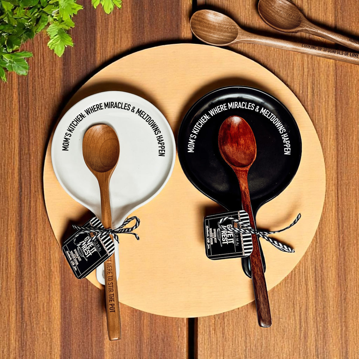 Mom's Kitchen Porcelain Spoon Rest with Optional Wooden Spoon