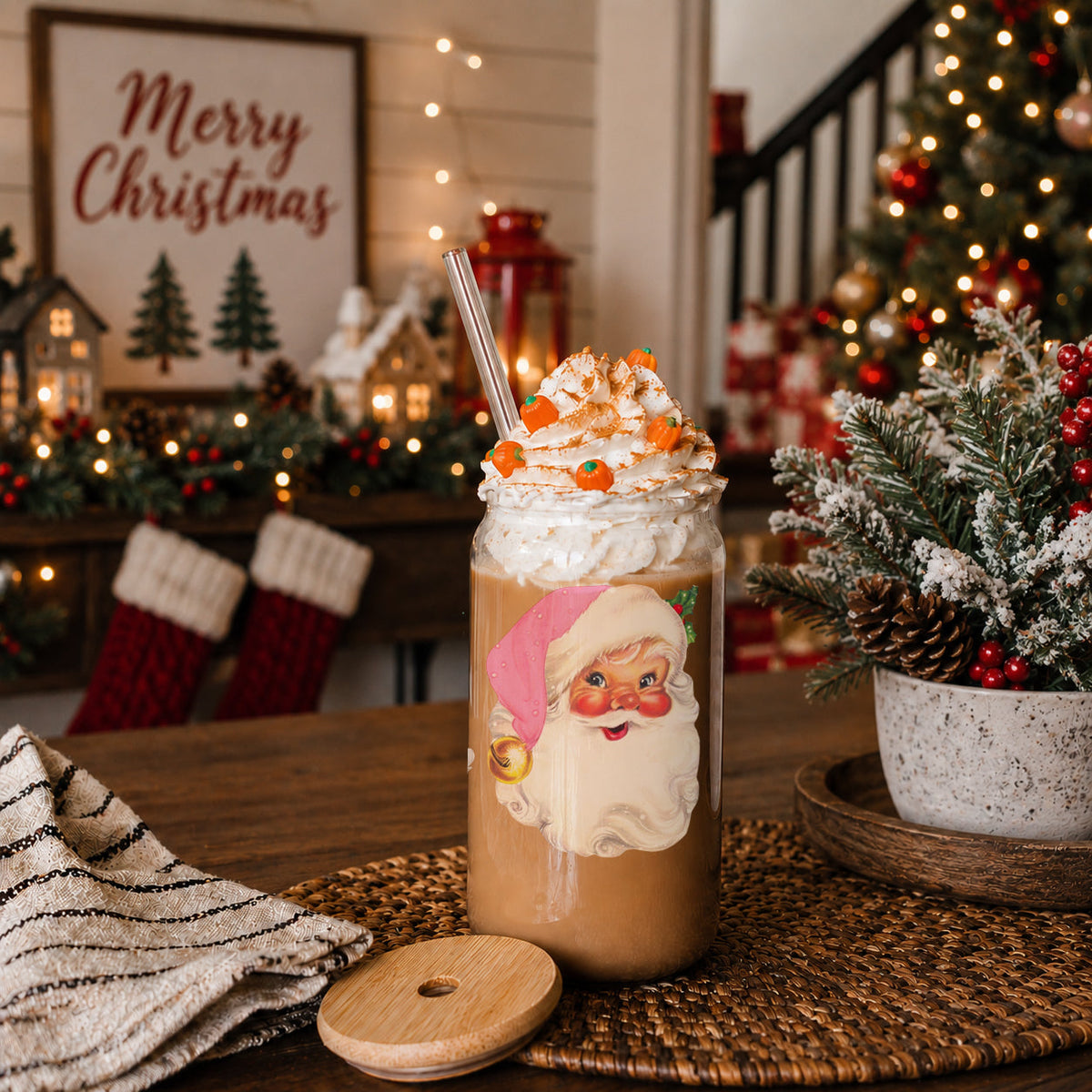 Vintage Pink Santa 17 oz Glass Tumbler