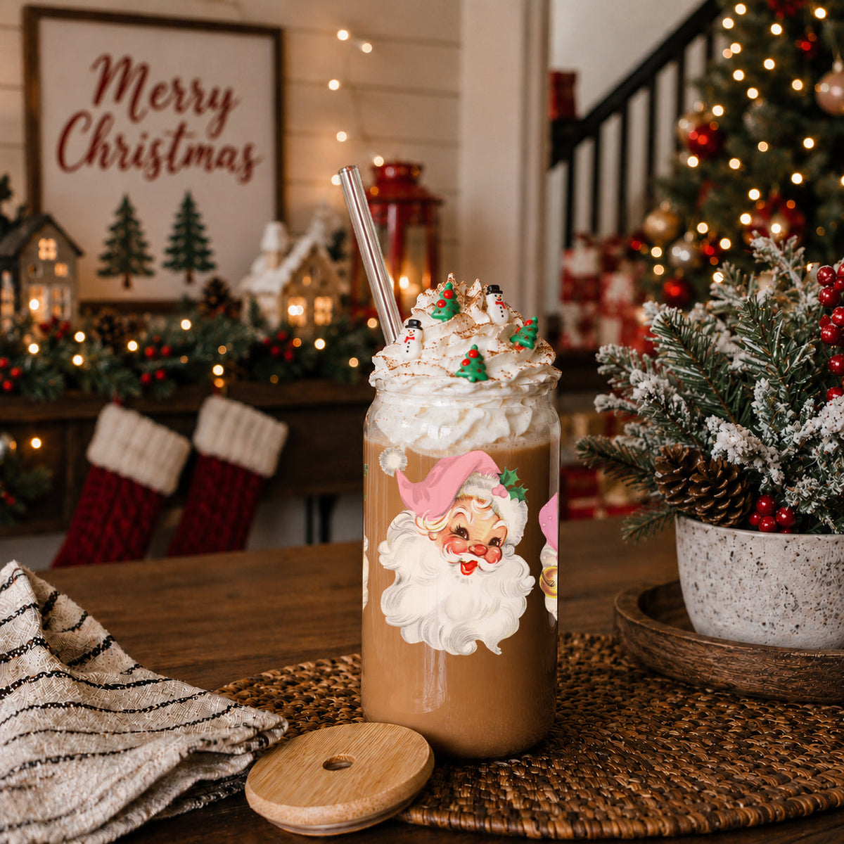 Vintage Pink Santa 17 oz Glass Tumbler