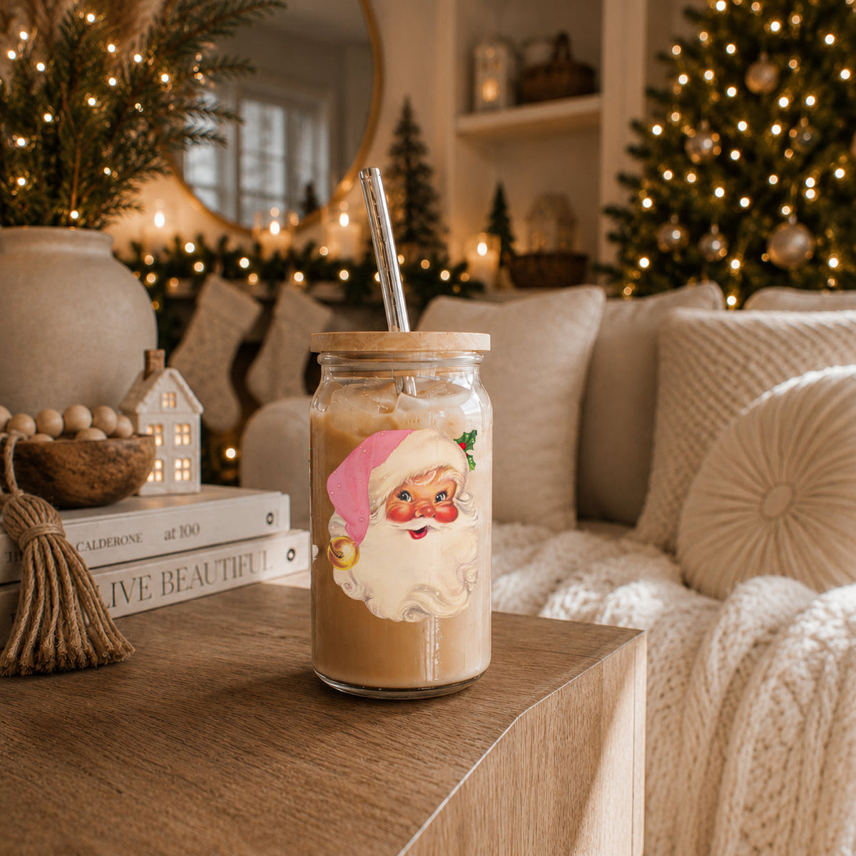 Vintage Pink Santa 17 oz Glass Tumbler