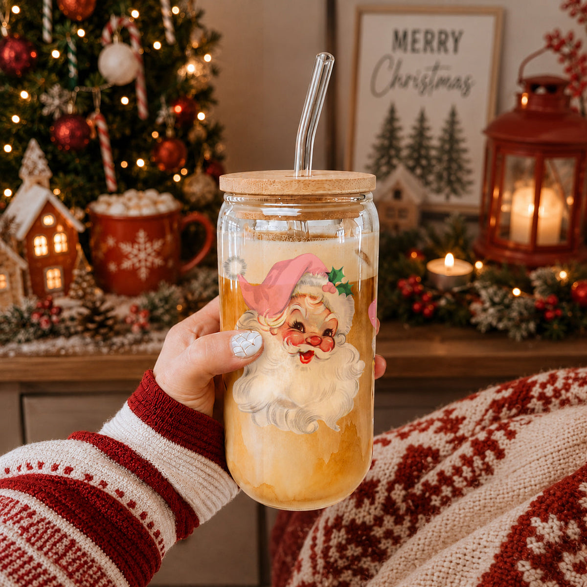 Vintage Pink Santa 17 oz Glass Tumbler