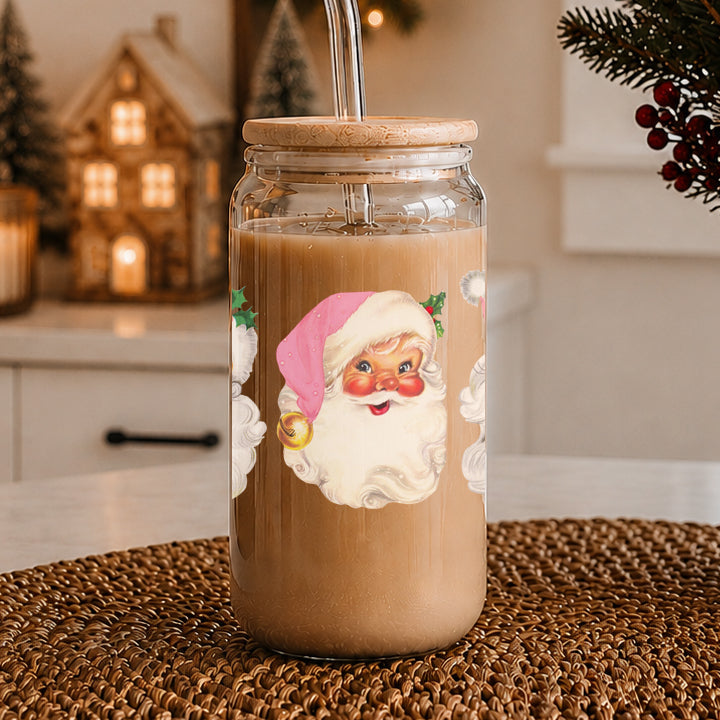 Vintage Pink Santa 17 oz Glass Tumbler