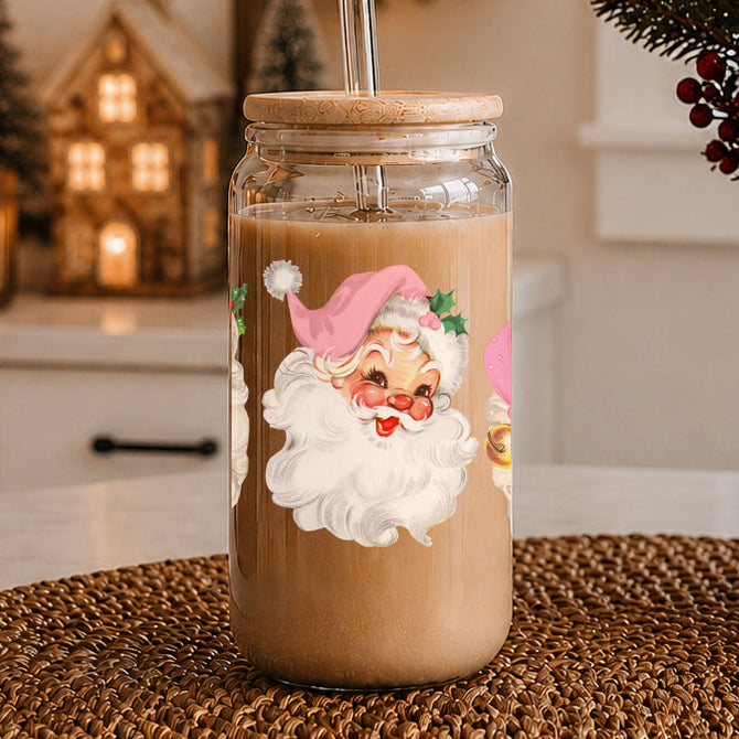Vintage Pink Santa 17 oz Glass Tumbler