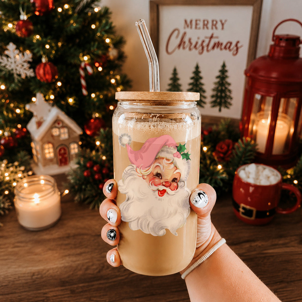 Vintage Pink Santa 17 oz Glass Tumbler
