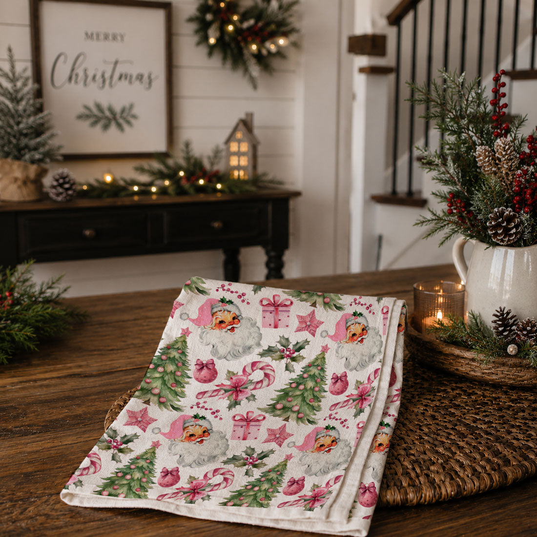 Vintage Pink Santa Christmas Kitchen Towel