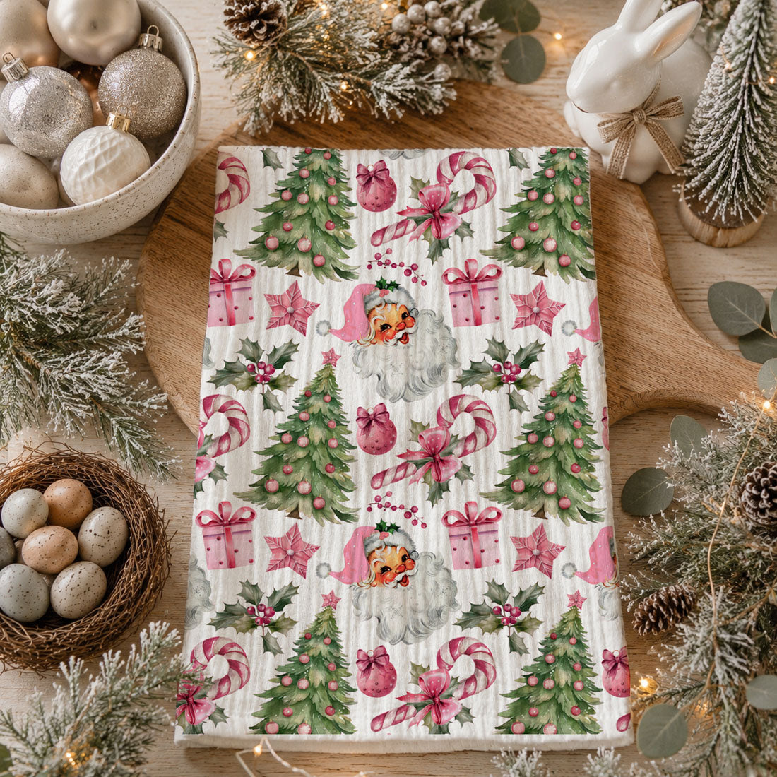 Vintage Pink Santa Christmas Kitchen Towel
