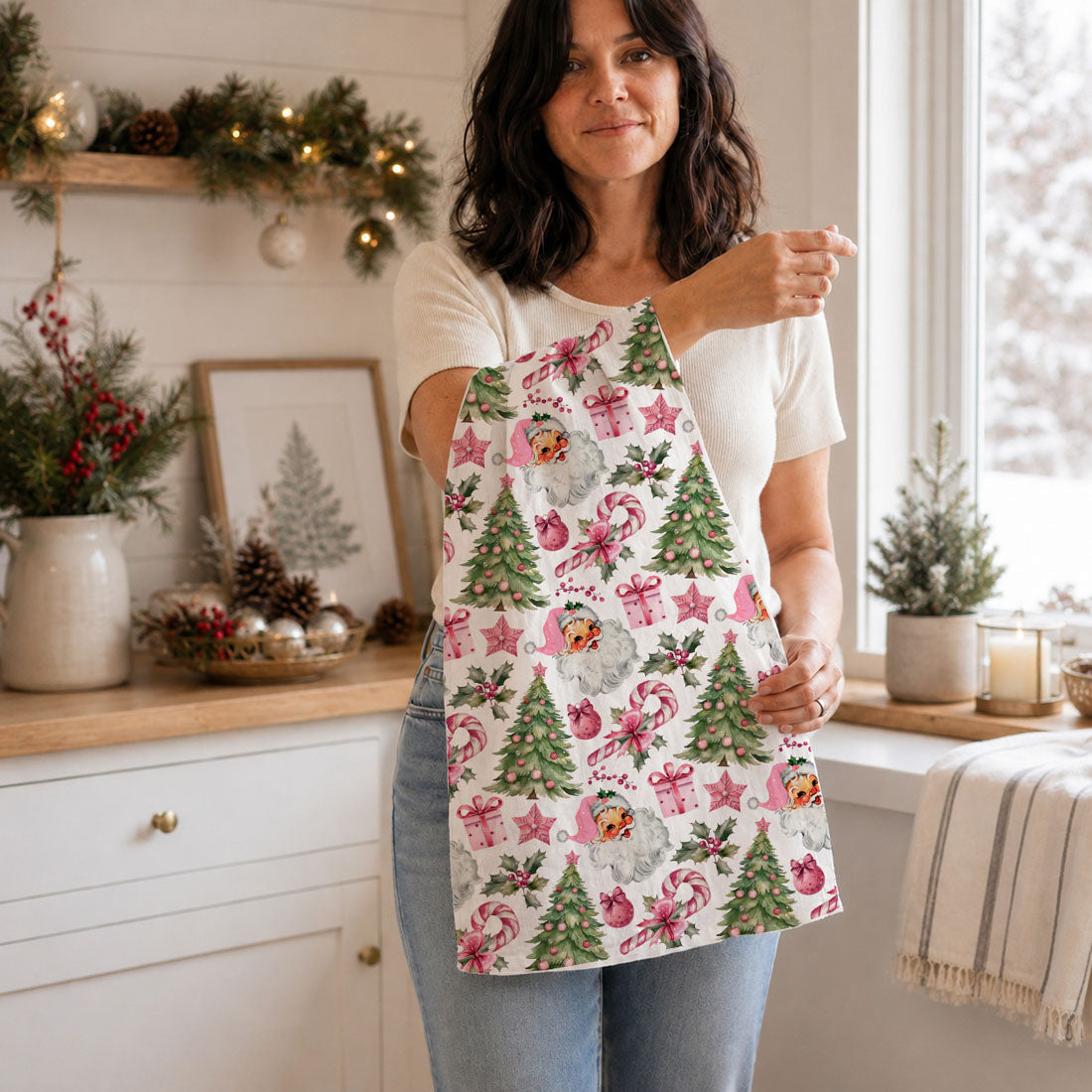Vintage Pink Santa Christmas Kitchen Towel