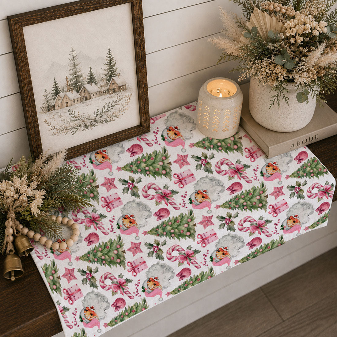Vintage Pink Santa Christmas Kitchen Towel