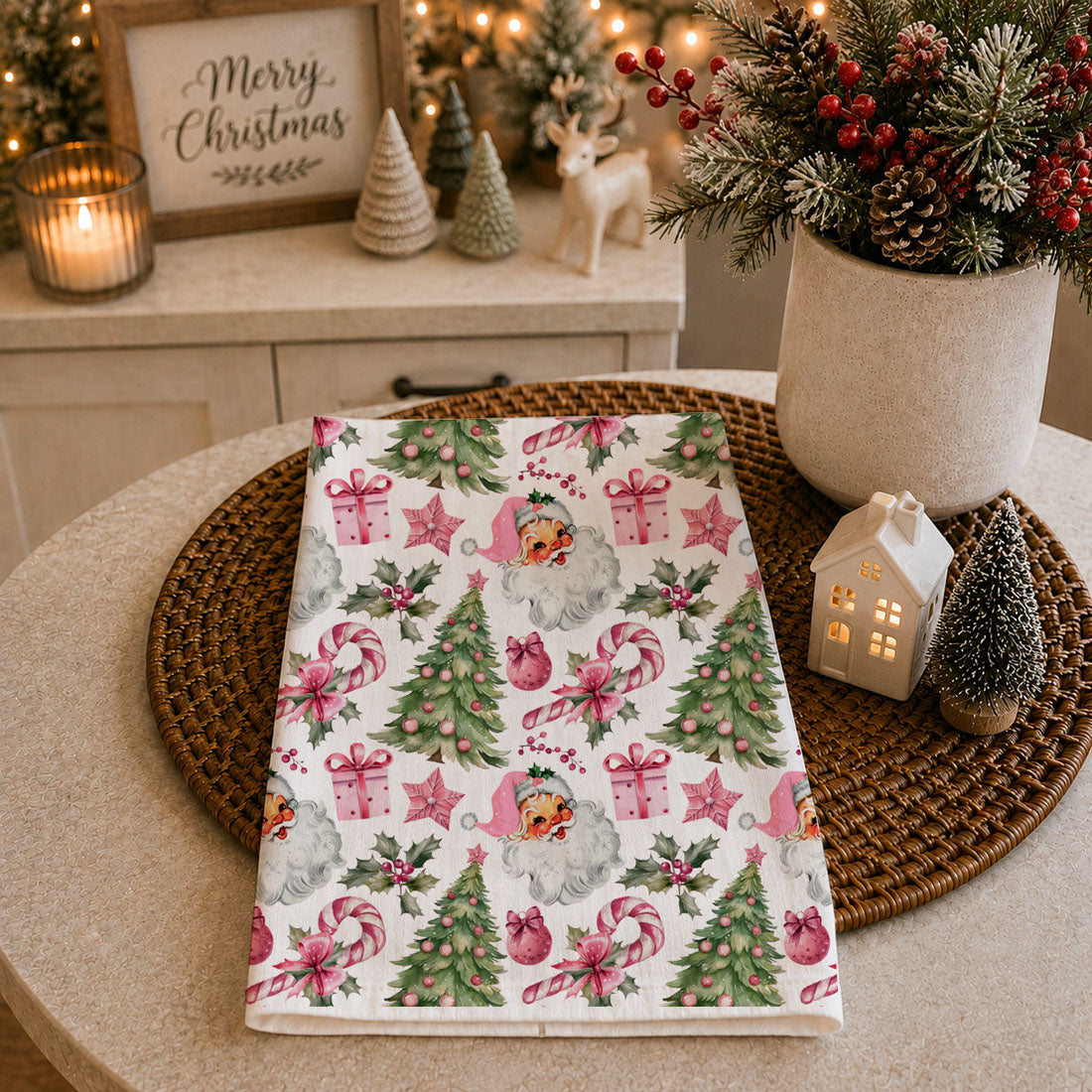 Vintage Pink Santa Christmas Kitchen Towel