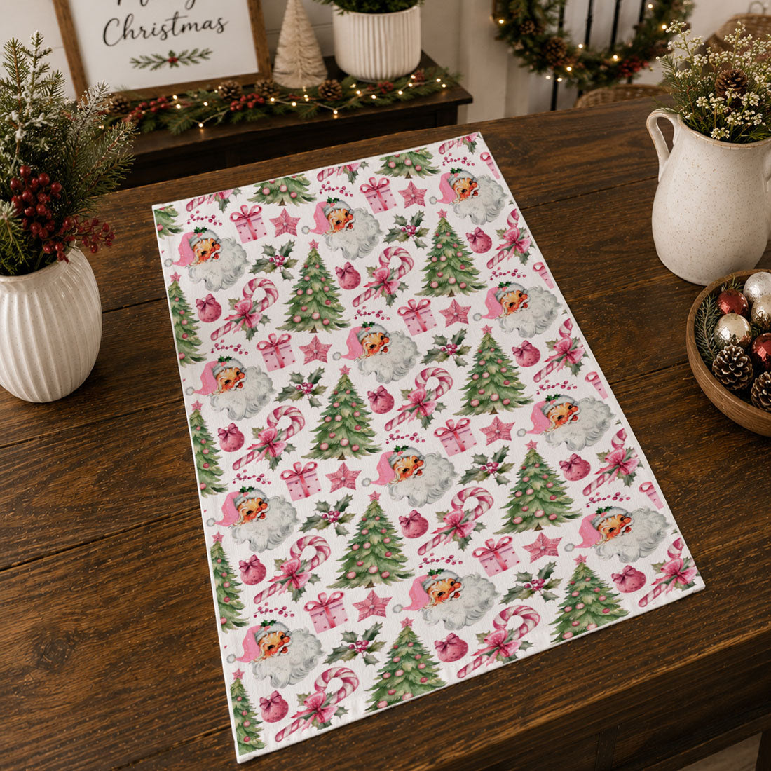 Vintage Pink Santa Christmas Kitchen Towel