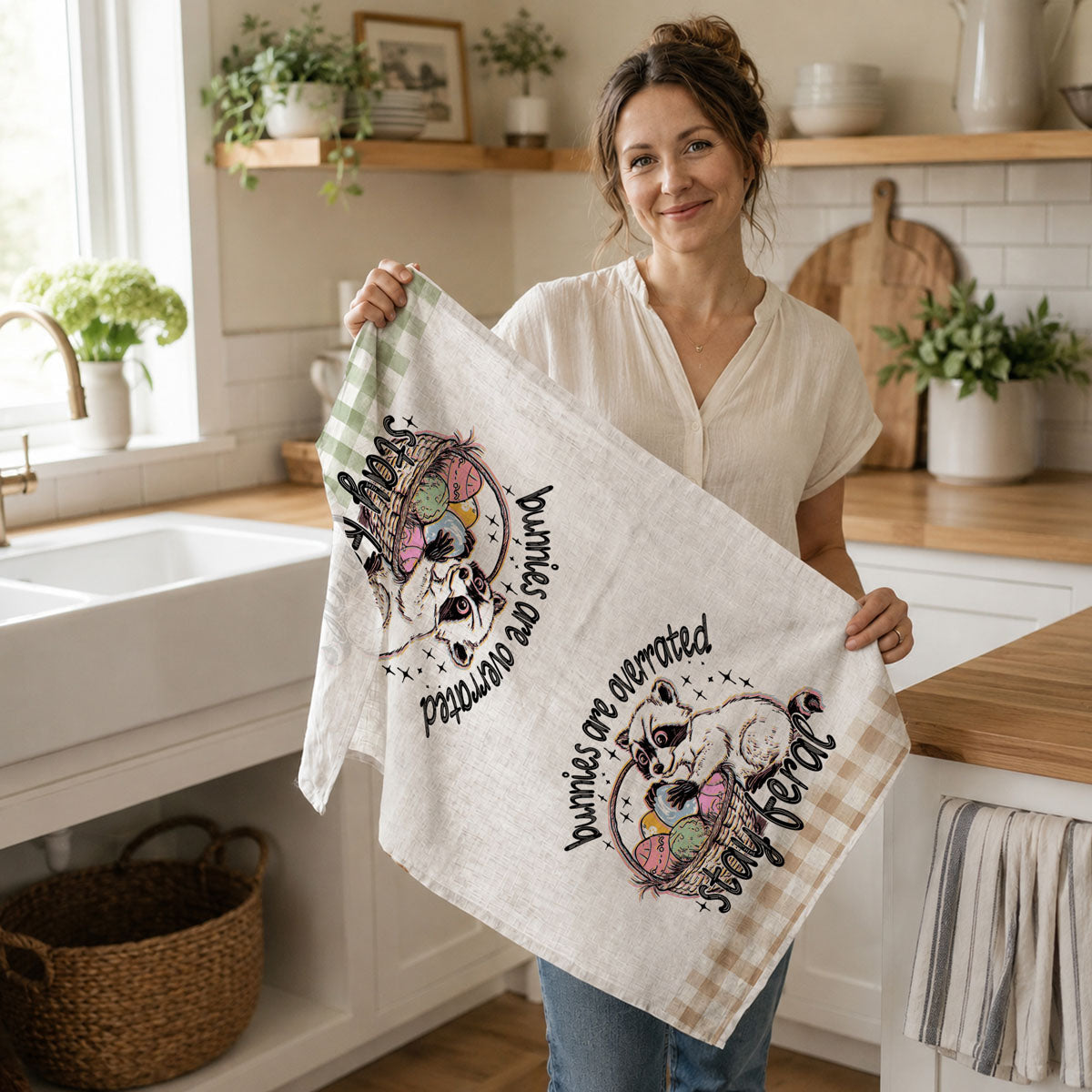 Bunnies Are Overrated Stay Feral Easter Kitchen Towel