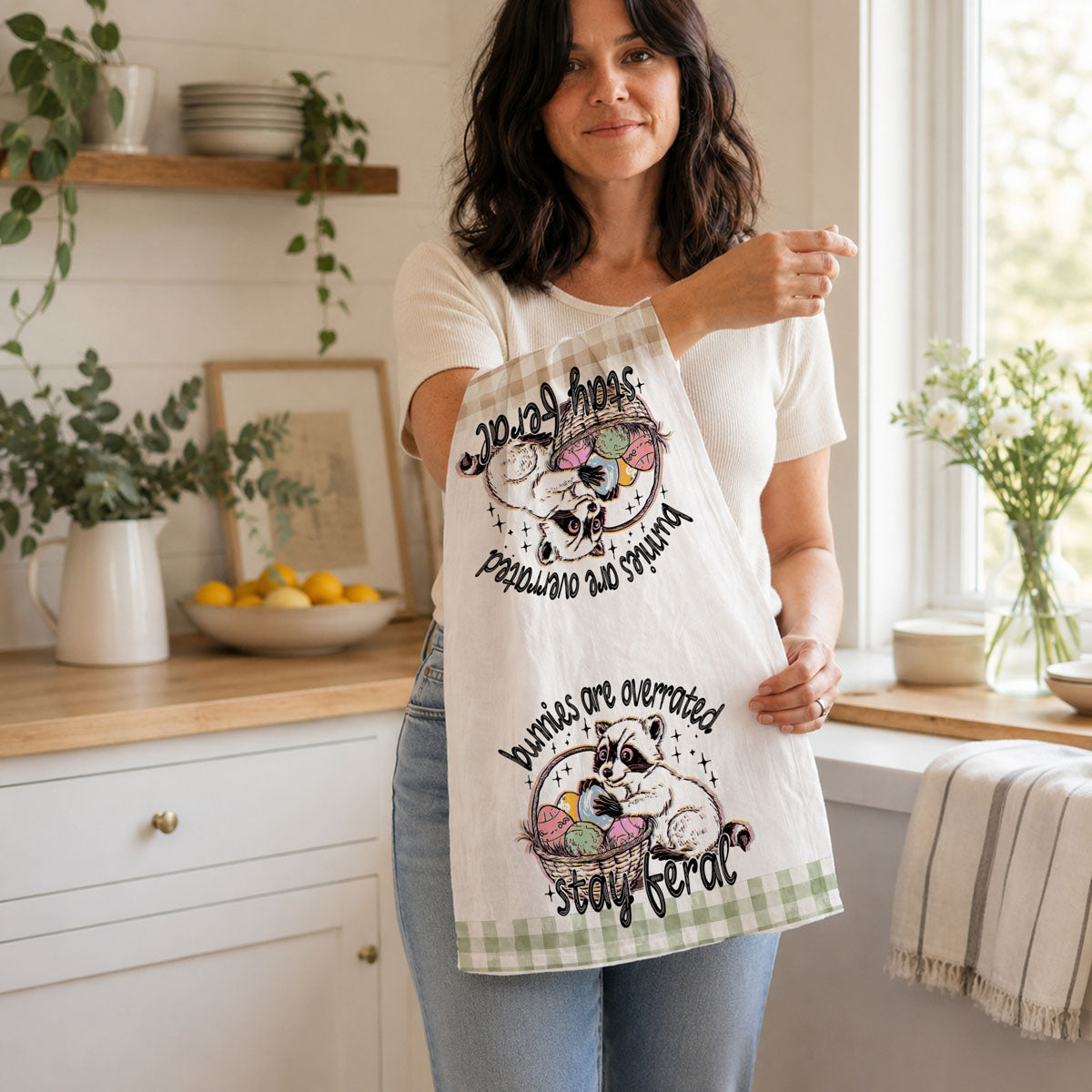 Bunnies Are Overrated Stay Feral Easter Kitchen Towel
