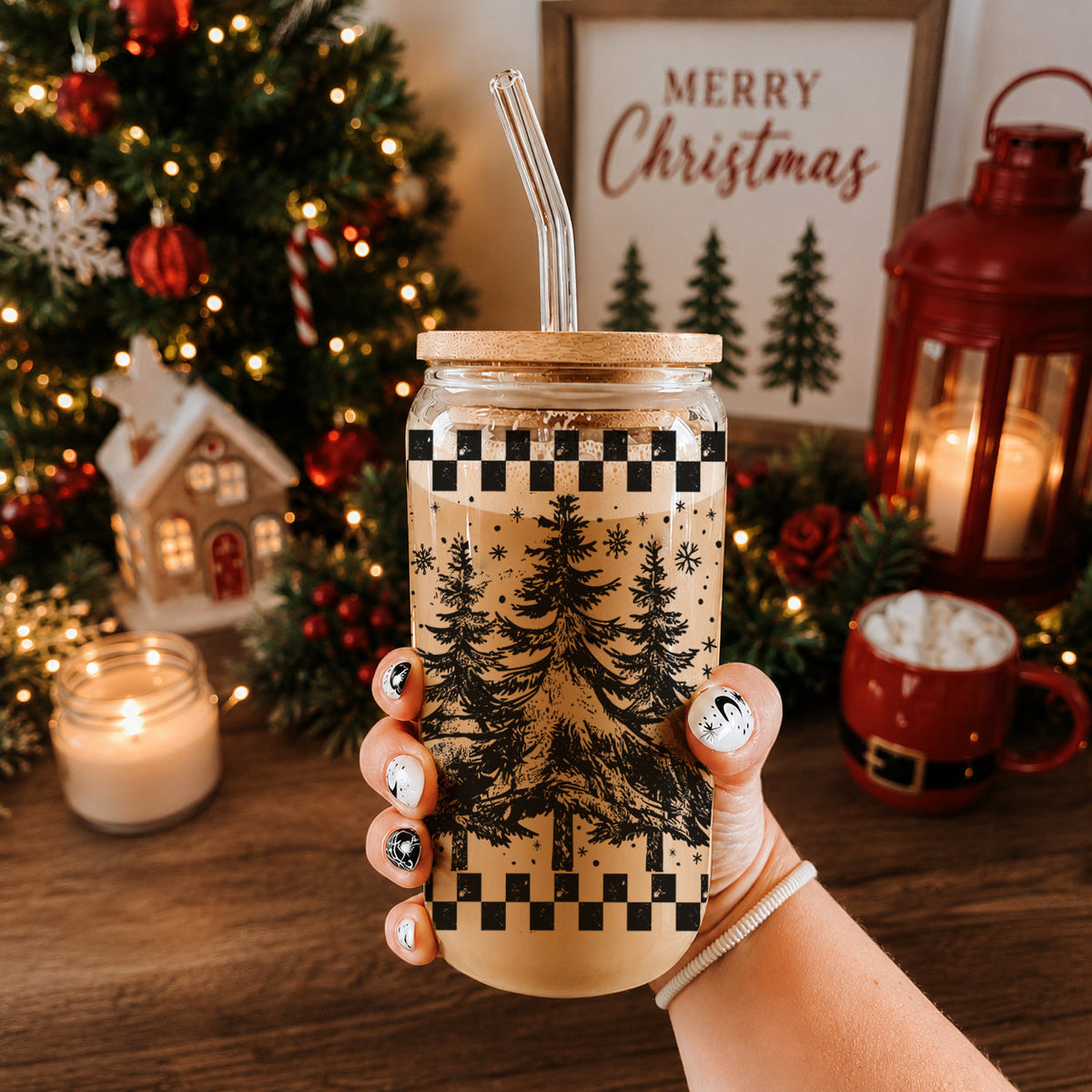 Retro Christmas Tree 17 oz Glass Tumbler