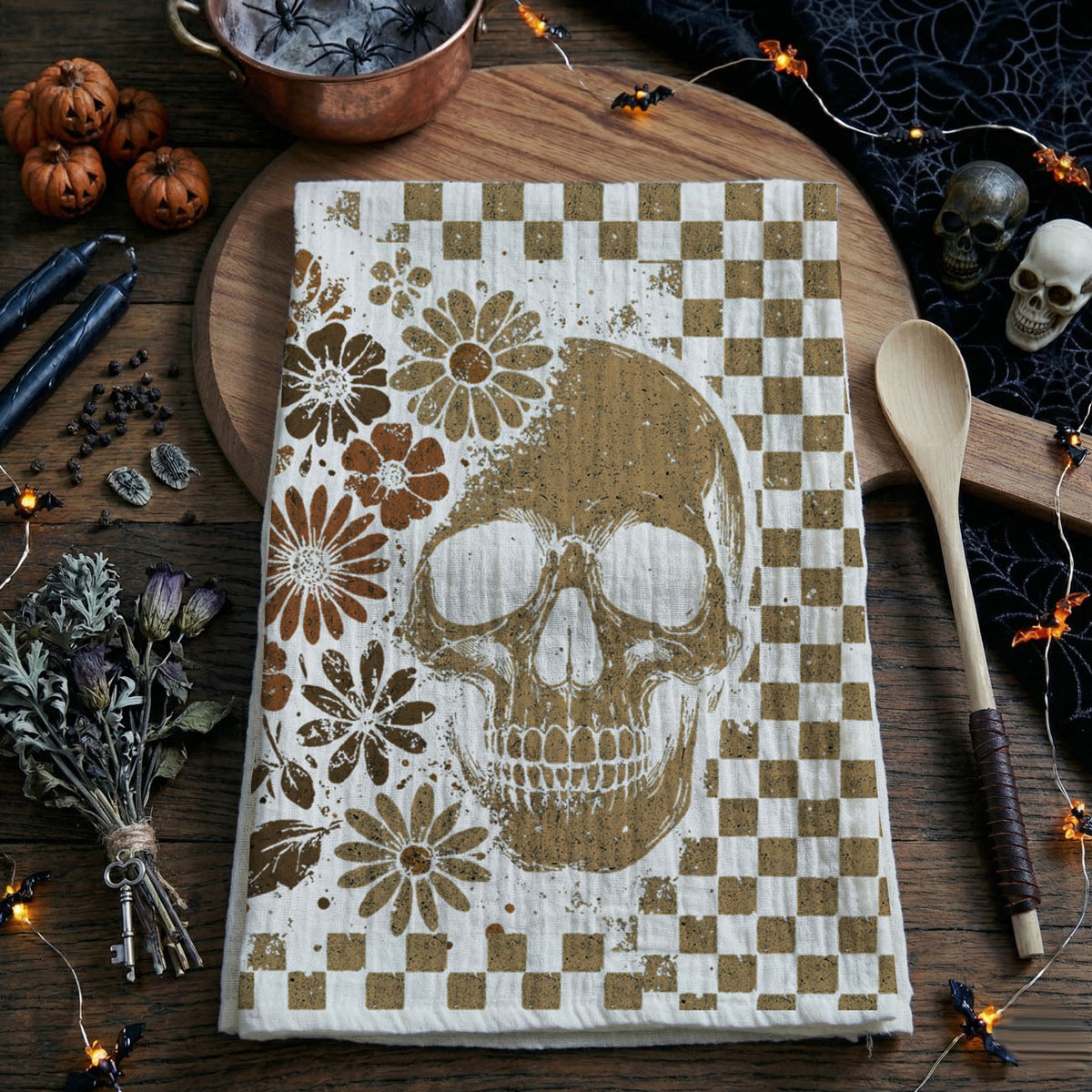 Retro Floral Ghost & Skull Halloween Kitchen Towel
